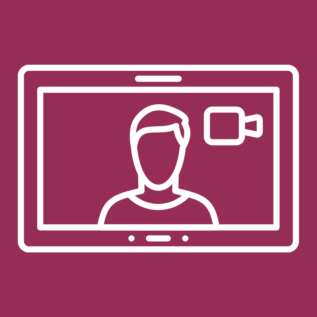 a white line icon on a maroon background showing a laptop graphic with a person presenting a video