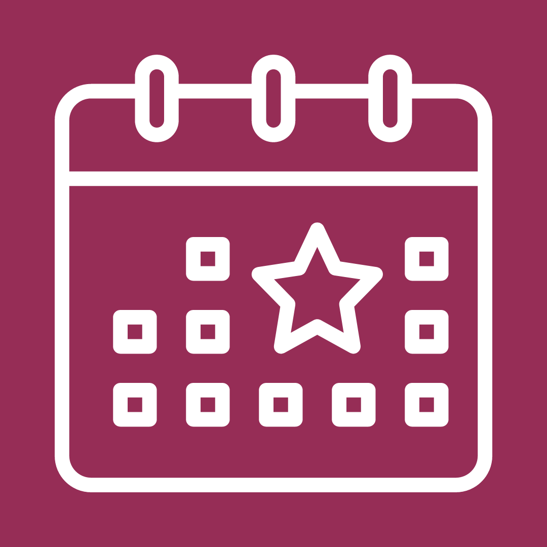 a white line icon on a maroon background showing a calendar graphic with a star on it
