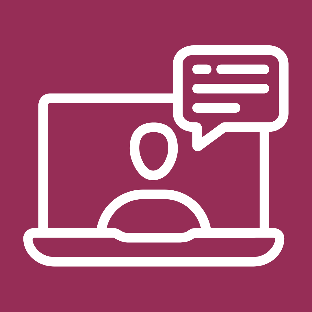 a white line icon on a maroon background showing a laptop graphic with a person presenting a webinar